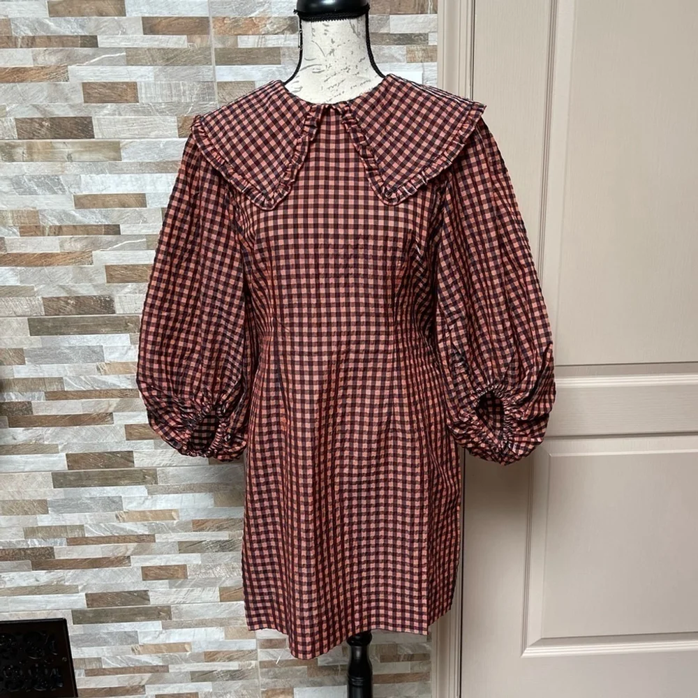 Ganni Brown Checkered Mini Dress - Picture 9 of 15